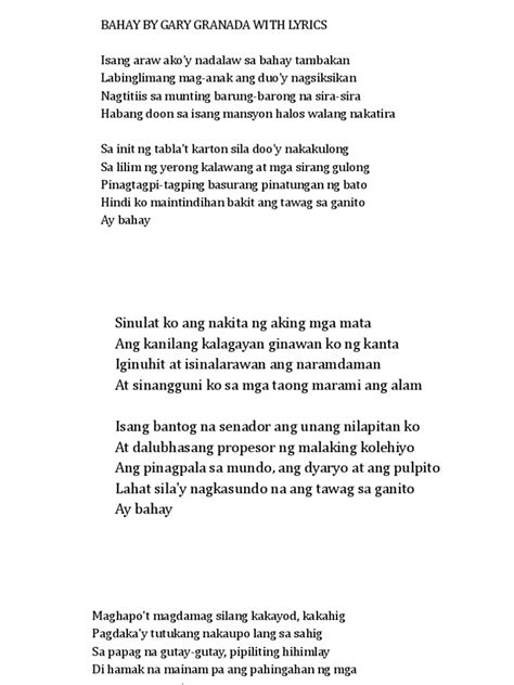 Lyrics of bahay ni gary granada